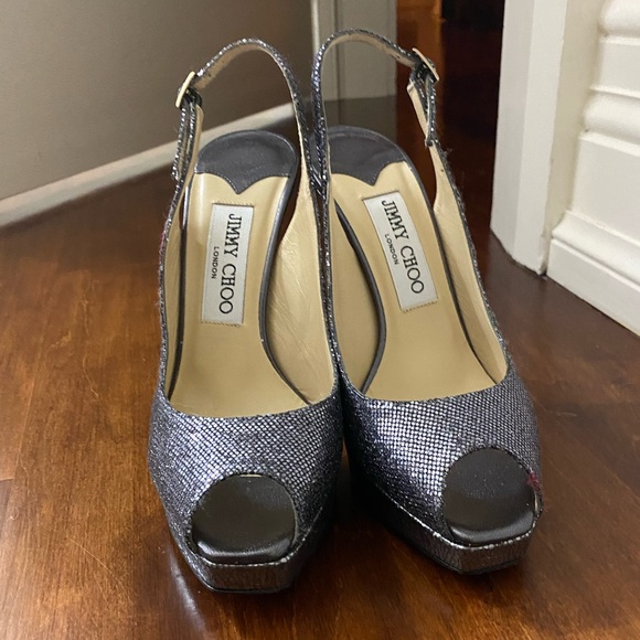 Grey sparkly open toe sling back Jimmy Choo high heels - Picture 4 of 9
